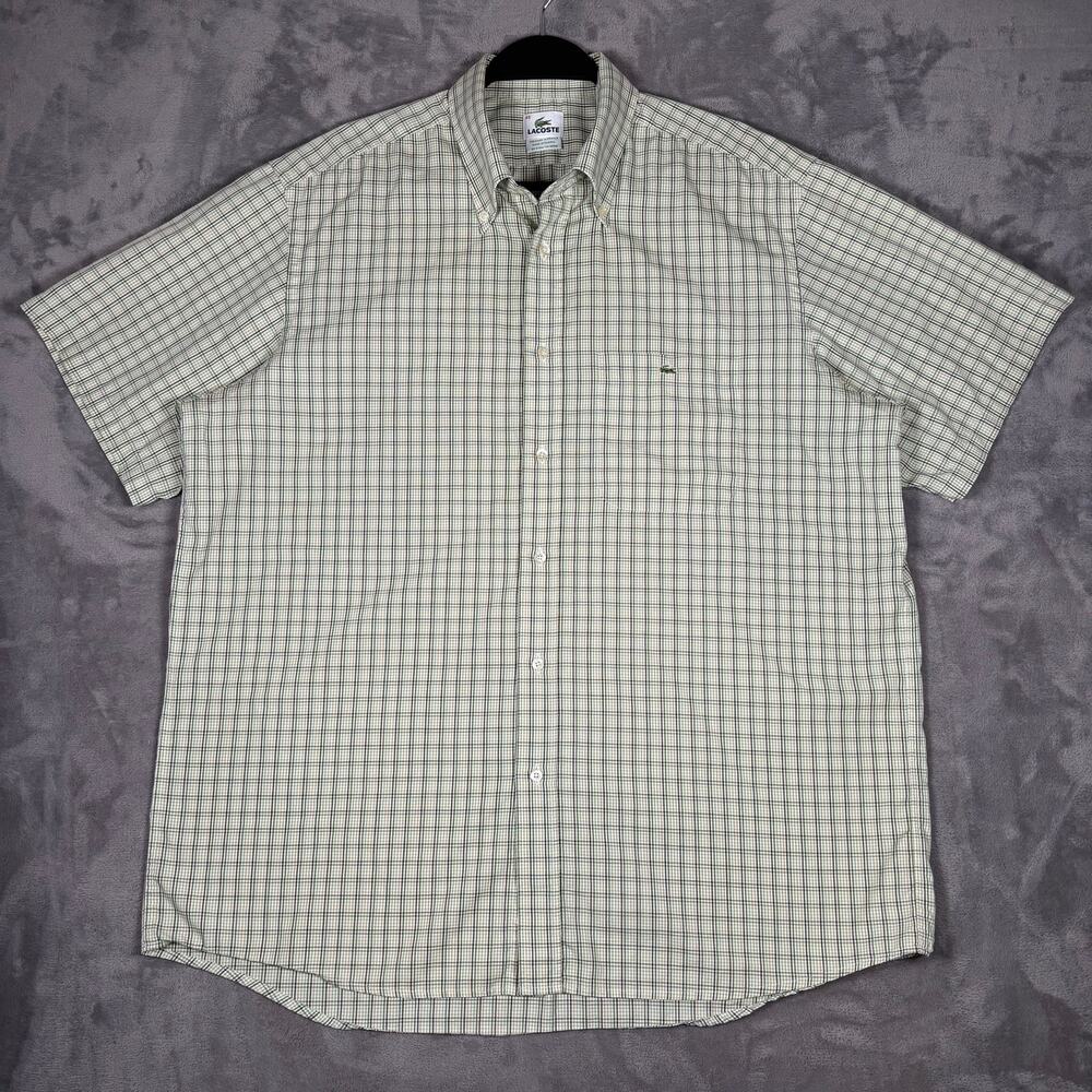 Lacoste Plaid Short Sleeve Button Down Shirt Mens Size 45 Green Beige
